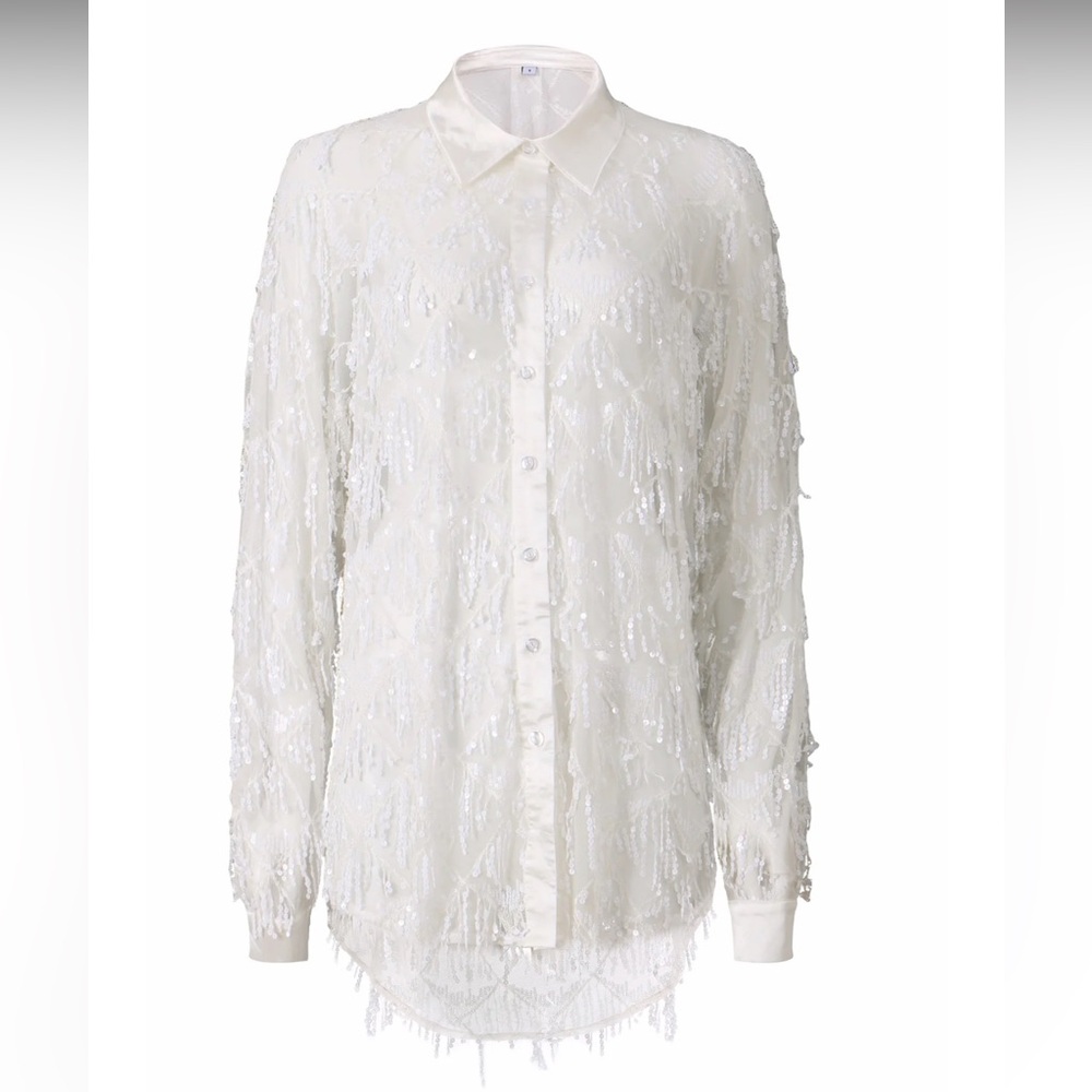 Pantora Scarla Button Up Satin Collar Sequin Top